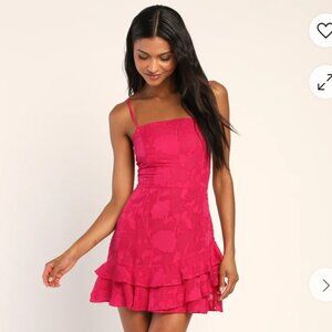 Lulus Days with You Magenta Floral Burnout Ruffled Mini Dress Women's Size Large